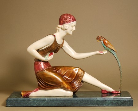 GIRL WITH EXOTIC PARROT BRONZE SIGNED SCULPTURE