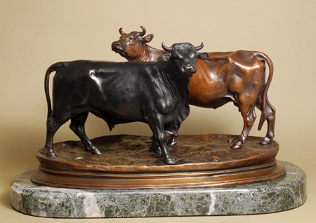 CLASSIC WESTERN  THE  BULL WITH HEIFER  BRONZE  SCULPTURE
