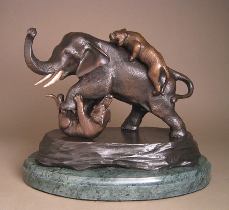 DYNAMIC  TIGERS WITH ELEPHANTS SIGNED BRONZE SCULPTURE