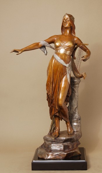 BEAUTIFUL WOMAN WITH HARP BRONZE BY  DROUOT