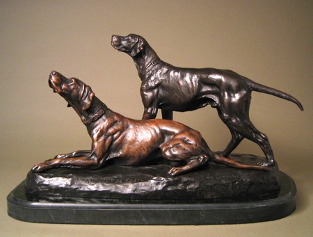 SPLENDID PAIR OF HUNTING DOGS BRONZE SCULPTURE