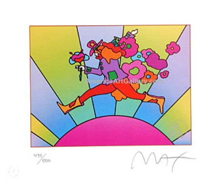 COOL PETER MAX JUMPER OVER SUN HAND SIGNED LITHO wCOA