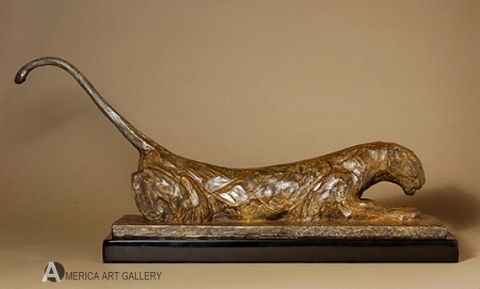 SPLENDID REMBRANDT BUGATTI REACHING LEOPARD BRONZE SIGNED wCOA