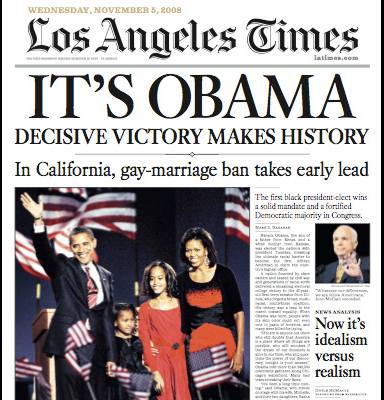 BARACK OBAMA WINS! COVER ELECTION ISSUE LOS ANGELES TIMES NEWSPA