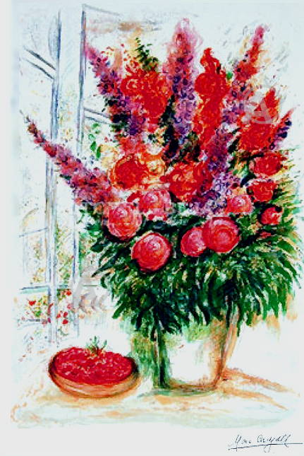MARC CHAGALL SIGNED BOUQUET WITH BOWL OF CHERRIES w/COA
